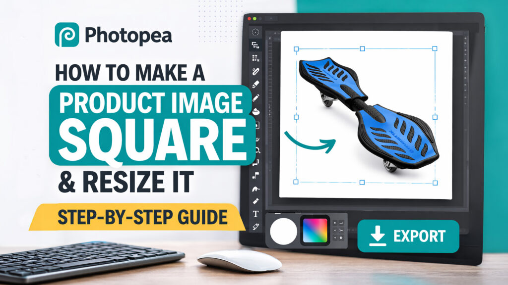 Thumbnail for a Photopea tutorial showing how to make a product image square, add a white background, and resize it for export.